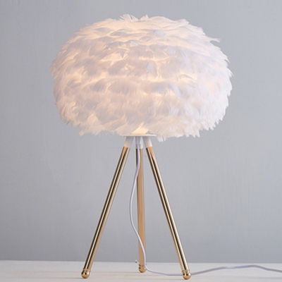 Gold Plated Tripod Table Light Postmodern 1 Bulb Metal Night Lamp with Round Feather Shade