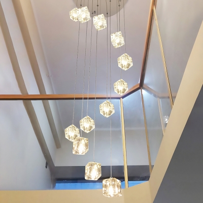 Modern Stylish Ice Cube Pendant Clear Glass 12-Light Staircase Multi Light Ceiling Light in Chrome