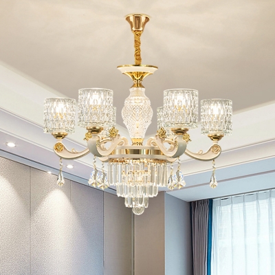 Ripple Glass White Chandelier Cylinder Traditional Pendant Light with Crystal Accents