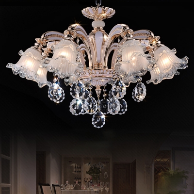 Ruffled Chandelier Lamp Vintage Opal Frosted Glass Ceiling Hang Light with Crystal Deco