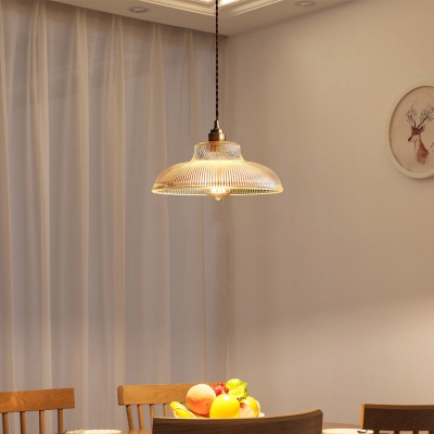 Single-Bulb Bowl Pendant Ceiling Light Minimalist Clear Ribbed Glass Hanging Lighting over Table