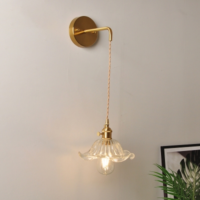 Single Sconce Light Fixture Retro Bedside Wall Hanging Lamp with Clear Glass Shade in Brass