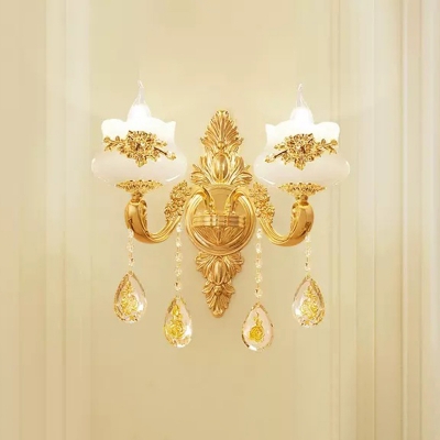 Traditional Candle Style Lighting Faux Jade Light Fitting with Crystal Drop in Gold