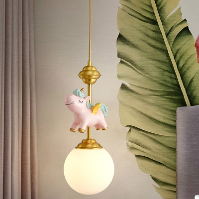 Unicorn Bedside Pendulum Light Resin Single Cartoon Ceiling Pendant with Sphere Opal Glass Shade