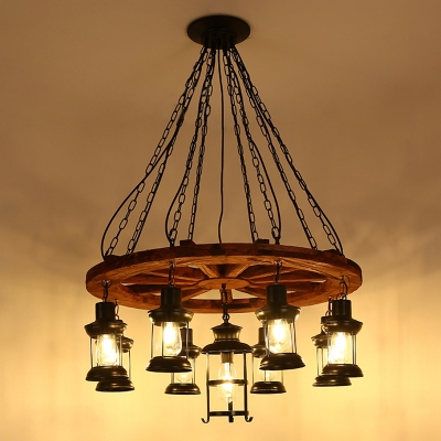 Wooden Chandelier Light Fixture Rustic Clear Glass Lantern Pendant Lamp for Dining Room