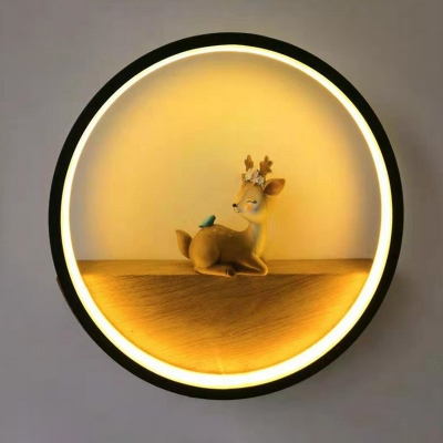 Acrylic Ring LED Wall Lighting Nordic Flush Wall Sconce with Wood Shelf and Deer Decor