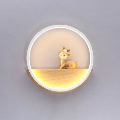 Acrylic Ring LED Wall Lighting Nordic Flush Wall Sconce with Wood Shelf and Deer Decor