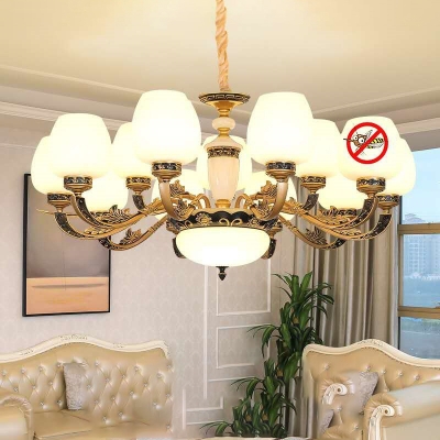 Antiqued Brass Light Fixture Traditional White Glass Bud Indoor Lamp for Living Room