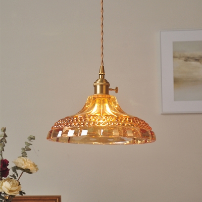 Barn Shade Amber Glass Ceiling Lamp Vintage 1-Light Dining Room Suspension Pendant in Brass