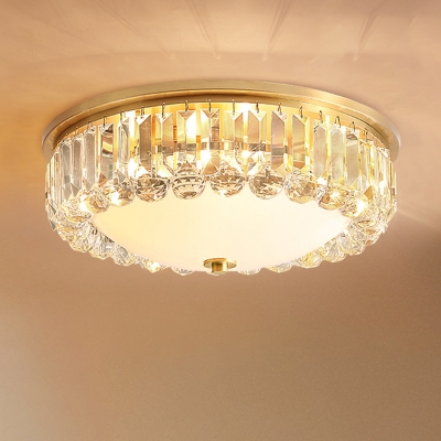Beveled Crystal Gold Flush Light Bowl Shaped 4 Bulbs Antique Flush Ceiling Light with Cream Glass Bottom