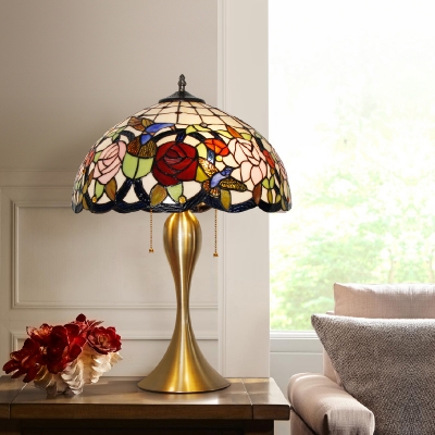 Brass 3-Bulb Pull-Switch Table Light Decorative Stained Glass Bowl Night Lamp with Bird and Flower Pattern