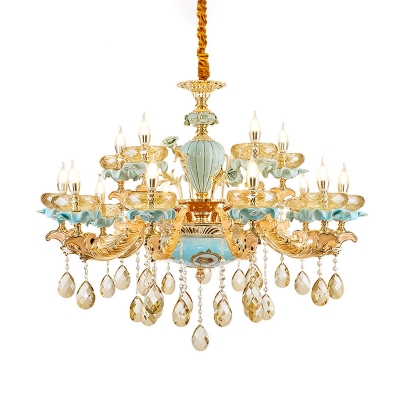 Candlestick Ceramic Chandelier Retro Restaurant Hanging Light in Blue with Crystal Draping