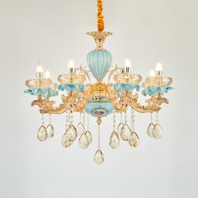 Candlestick Ceramic Chandelier Retro Restaurant Hanging Light in Blue with Crystal Draping
