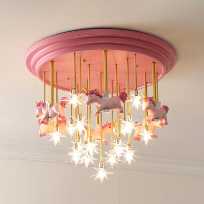 Carousel and Star LED Flush Light Kids Clear Glass Pink Semi Flush Mount Ceiling Light for Bedroom