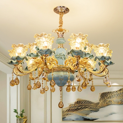 Carved Glass Scalloped Pendant Light Fixture Classic Dining Room Chandelier with Crystal Drop in Blue