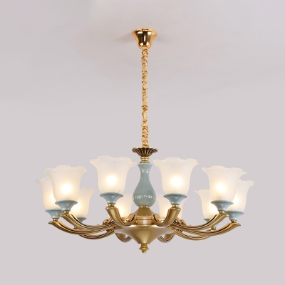 Ceiling Suspension Lamp Antique Bell Flower Frosted Glass Chandelier in Blue and Brass