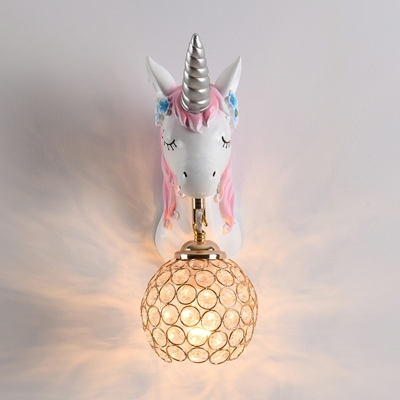 Crystal Hollowed-out Ball Wall Lamp Kids 1-Light Sconce Lighting with Unicorn Decor