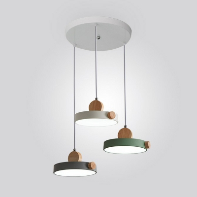 Flat Shaped LED Cluster Pendant Nordic Acrylic 3-Light White and Wood Hanging Lamp over Table