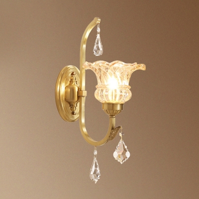 Flower Bedroom Wall Light Kit Traditional Clear Glass Gold Wall Sconce with Swooping Arm