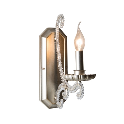 French Country Candle Wall Sconce Clear Crystal Beaded Wall Mounted Lamp with Scroll Arm