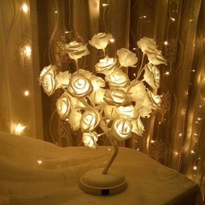 Handmade Rosebush Night Lamp Decorative Plastic USB LED Table Lighting for Bedroom