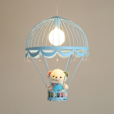 Iron Hot Air Balloon Hanging Light Cartoon 1-Light Ceiling Suspension Lamp with Plush Bear