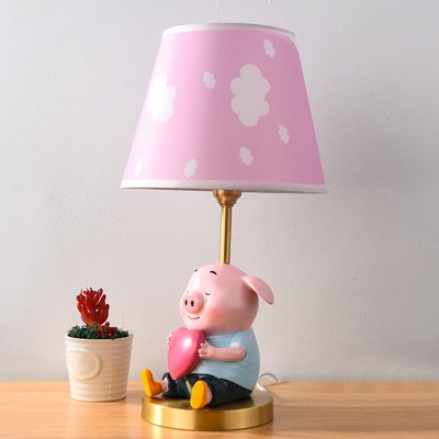 Kids Style Piglet Table Light Resin 1 Head Bedside Night Lamp with Fabric Empire Shade