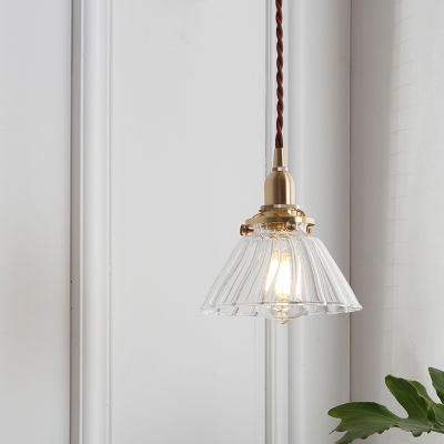 Minimalistic Conic Hanging Light Fixture Single Clear Glass Ceiling Pendant in Brass