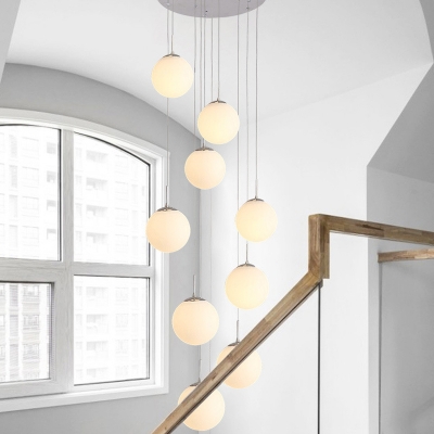 Spherical Multi-Light Pendant Modern Milk Glass 10-Light Duplex House Ceiling Lamp in Silver