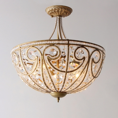 Traditional Dome Flush Ceiling Light 5 Bulbs Crystal Beaded Flushmount Lighting in Gold