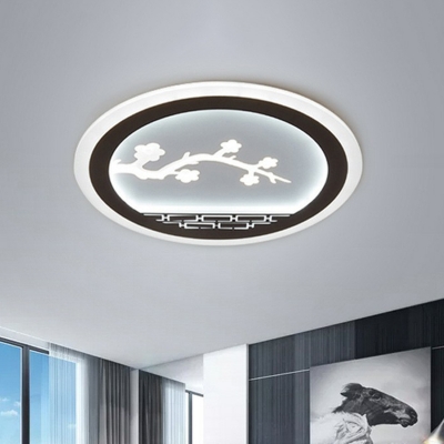 White Disc Shaped Flush Mount Fixture Modern LED Acrylic Ceiling Light with Landscape Pattern