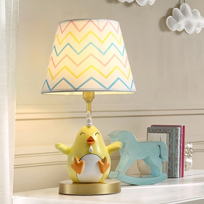 Yellow Chick Shape Night Lighting Cartoon Single Resin Table Lamp with Zigzag Print Fabric Shade