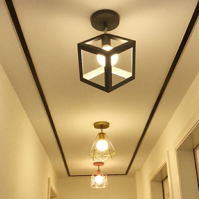 1-Bulb Semi Flush Mount Lighting Modern Foyer Ceiling Light with Geometric Metal Cage