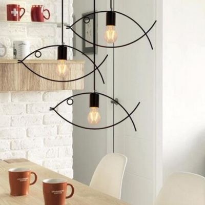3-Light Cluster Pendant Minimalist Fish Shaped Iron Hanging Ceiling Light in Black for Dining Room