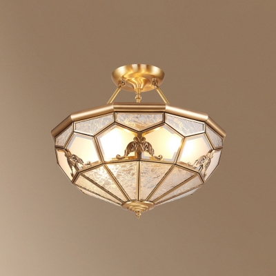 Retro Style Shaded Semi Flush Lighting Glass Panes Chandelier Light Fixture in Gold