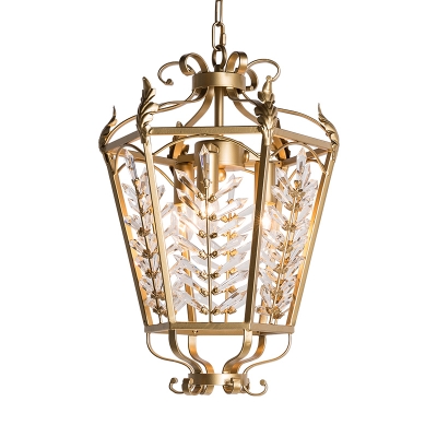 Antique Tapered Ceiling Hanging Lantern 3-Bulb Metal Chandelier with Crystal Leaf in Gold