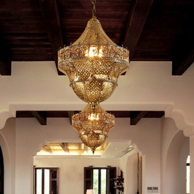Antiqued Gold Single Ceiling Pendant Turkish Metal Broderie Lantern Hanging Light Fixture