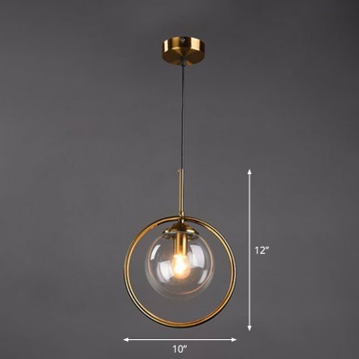 Ball Shaped Glass Suspension Pendant Light Postmodern 1 Head Brass Finish Hanging Lamp with Ring Deco