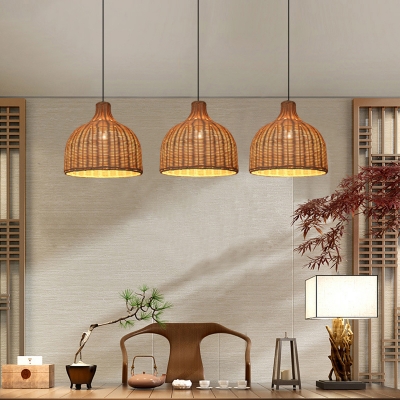 Bell Suspension Light Simplicity Rattan 1-Light Wood Pendant Light Fixture for Dining Room