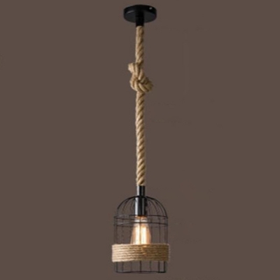 Birdcage Wrought Iron Ceiling Pendant Farm Style Restaurant Hanging Lighting with Rope in Black