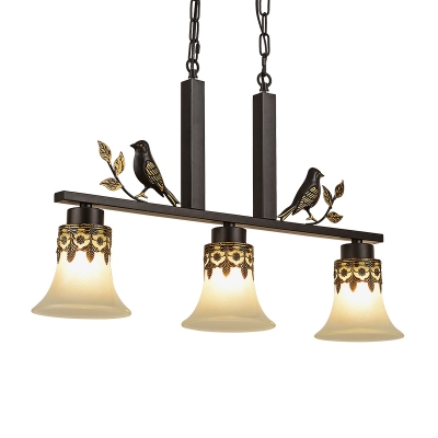 Black 3-Bulb Island Lamp Country Frosted Glass Flared Hanging Light with Decorative Bird and Leaf
