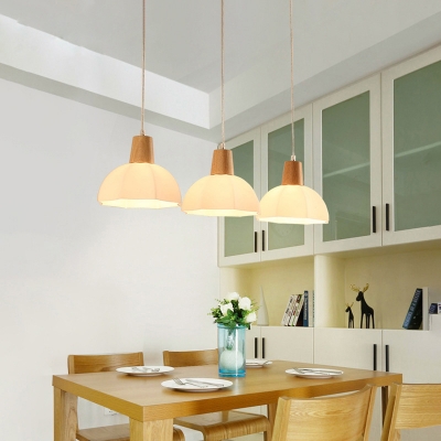 Bowl Dining Room Multi Pendant Ceiling Light White Glass 3-Head Nordic Hanging Lamp in Wood