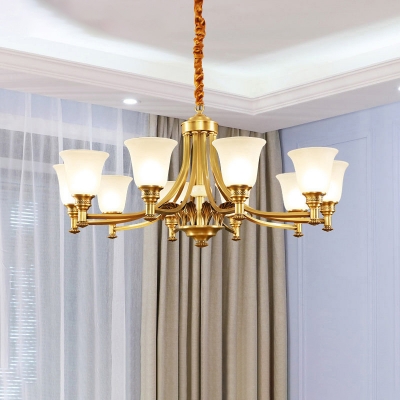 Brass Finish Hanging Light Fixture Traditional Frost Glass Flared Shape Chandelier Lamp