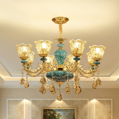 Classic Scalloped Hanging Light Fixture Carved Glass Chandelier Lighting with Ceramic Deco in Gold