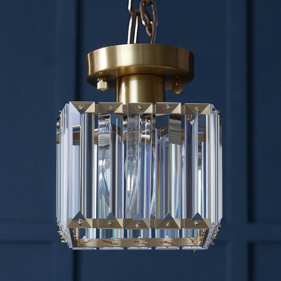 Clear Crystal Rectangle Semi Mount Lighting Postmodern 1 Bulb Gold Finish Ceiling Flush Light