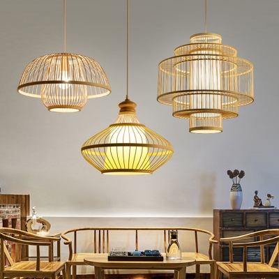 Contemporary Handmade Pendant Light Bamboo Single-Bulb Restaurant Suspension Light Fixture in Wood