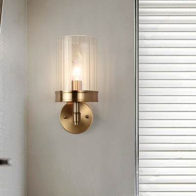 Cylinder Clear Rib Glass Wall Sconce Light Minimalist 1-Light Gold Wall Mount Lighting Fixture