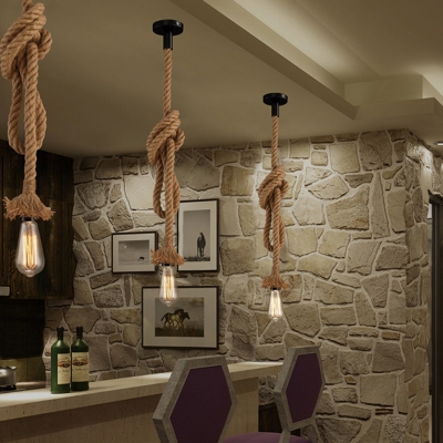 Dangling Hemp Rope Pendant Light Antique 1-Light Restaurant Hanging Light Fixture in Wood
