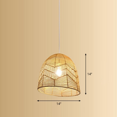 Dome Shape Commercial Pendant Lighting Asian Bamboo 1-Light Restaurant Hanging Lamp in Wood