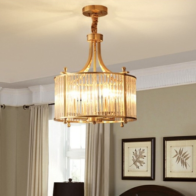 Drum Crystal Rod Chandelier Light Minimalism Dining Room Pendant Light Fixture in Gold
